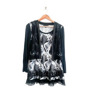 Laura Petites Party Blouse Sheer Vest Rhinestones Sequins Lace Tunic Women's M